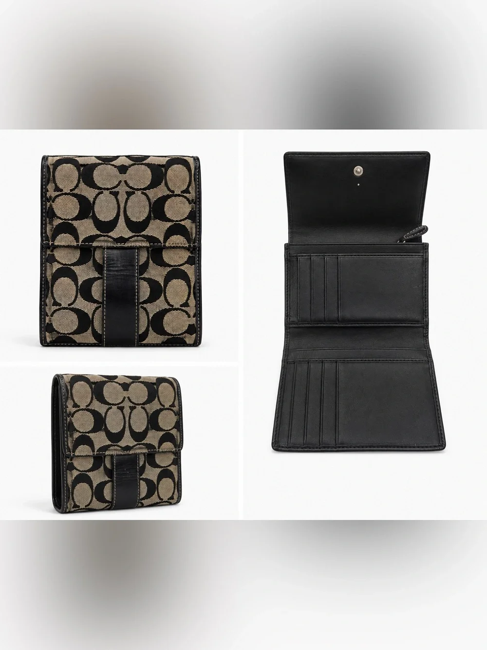 Coach Black and Tan Signature Canvas Trifold Wallet